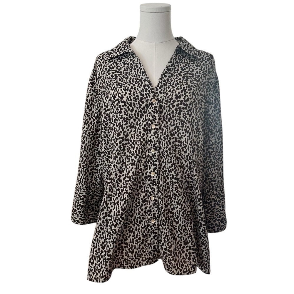 Women's 18/20W Dark Chocolate Brown Leopard Print Button-Up Plus Cotton Blouse
